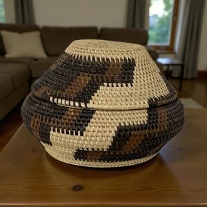 Handwoven Decorative Basket with Lid - Brown and‎ Cream Boho Vibes